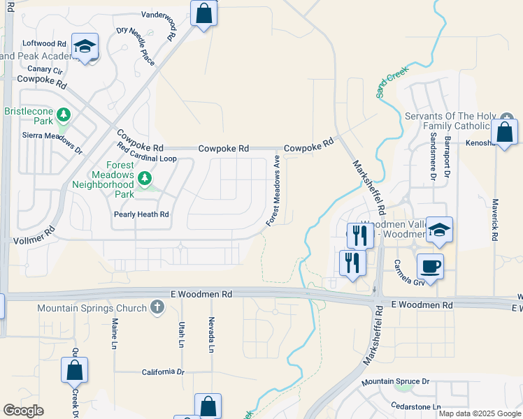 map of restaurants, bars, coffee shops, grocery stores, and more near 8265 Hardwood Circle in Colorado Springs