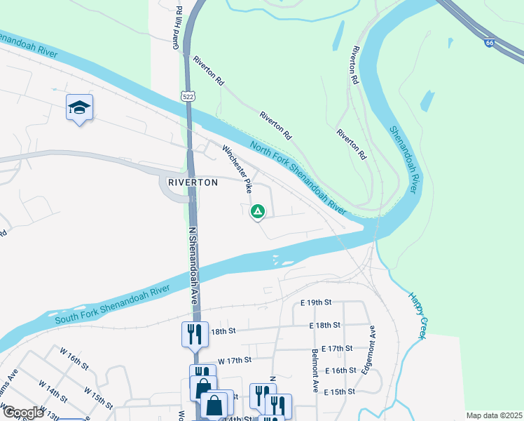 map of restaurants, bars, coffee shops, grocery stores, and more near 1302 Old Winchester Pike in Front Royal