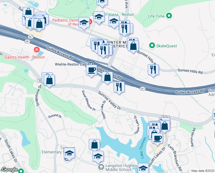 map of restaurants, bars, coffee shops, grocery stores, and more near 1902 Campus Commons Drive in Reston