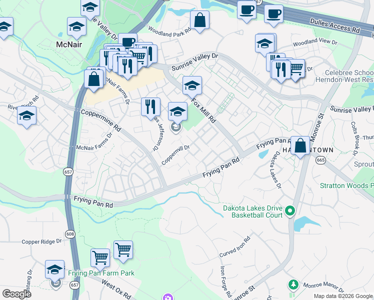 map of restaurants, bars, coffee shops, grocery stores, and more near 13235 Coppermill Drive in Herndon