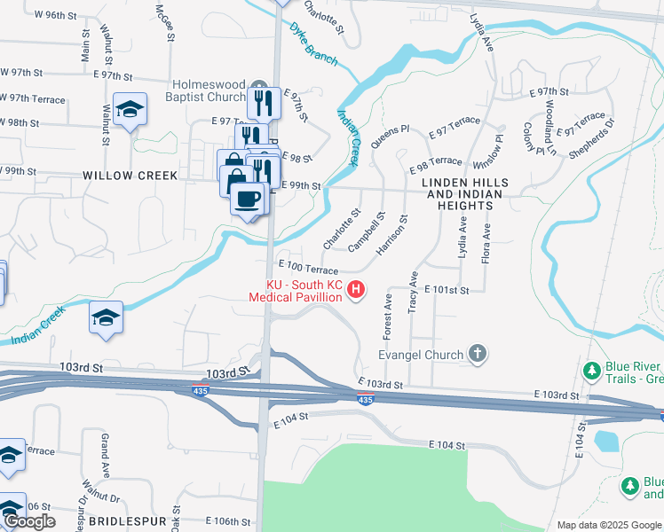 map of restaurants, bars, coffee shops, grocery stores, and more near 908 East 100 Terrace in Kansas City