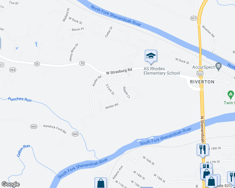 map of restaurants, bars, coffee shops, grocery stores, and more near 1190 South Fork Drive in Front Royal