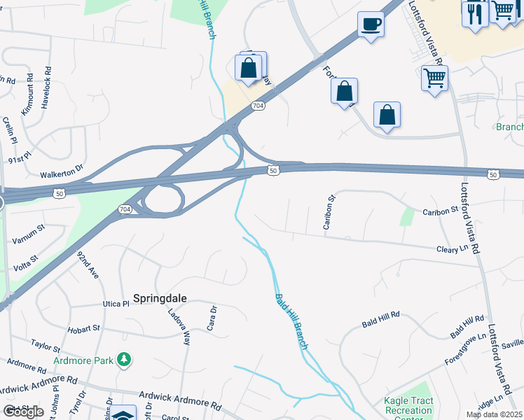 map of restaurants, bars, coffee shops, grocery stores, and more near 9704 Cleary Lane in Bowie