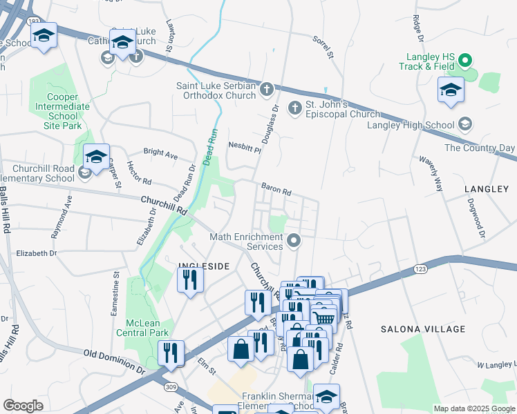 map of restaurants, bars, coffee shops, grocery stores, and more near 6815 Market Square Drive in McLean