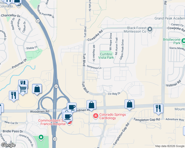 map of restaurants, bars, coffee shops, grocery stores, and more near 6115 Sorpresa Lane in Colorado Springs