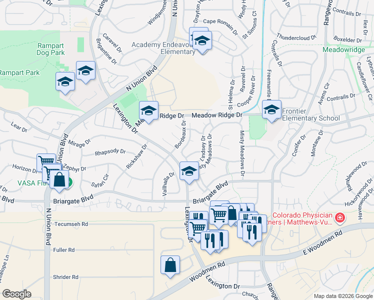 map of restaurants, bars, coffee shops, grocery stores, and more near 3415 Antero Drive in Colorado Springs