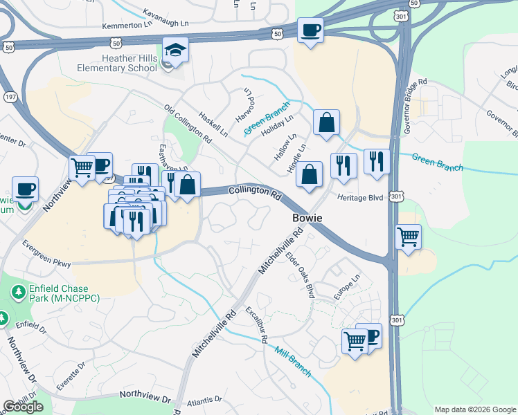 map of restaurants, bars, coffee shops, grocery stores, and more near 4500 Mitchellville Road in Bowie