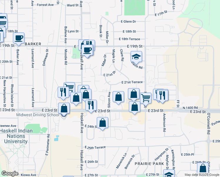 map of restaurants, bars, coffee shops, grocery stores, and more near 2211 Silicon Avenue in Lawrence