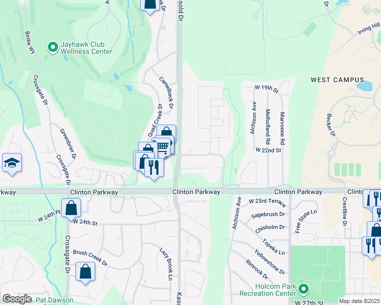map of restaurants, bars, coffee shops, grocery stores, and more near 3224 West 22nd Terrace in Lawrence