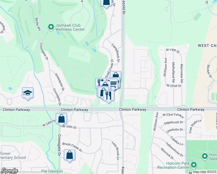 map of restaurants, bars, coffee shops, grocery stores, and more near 3504 Clinton Parkway in Lawrence