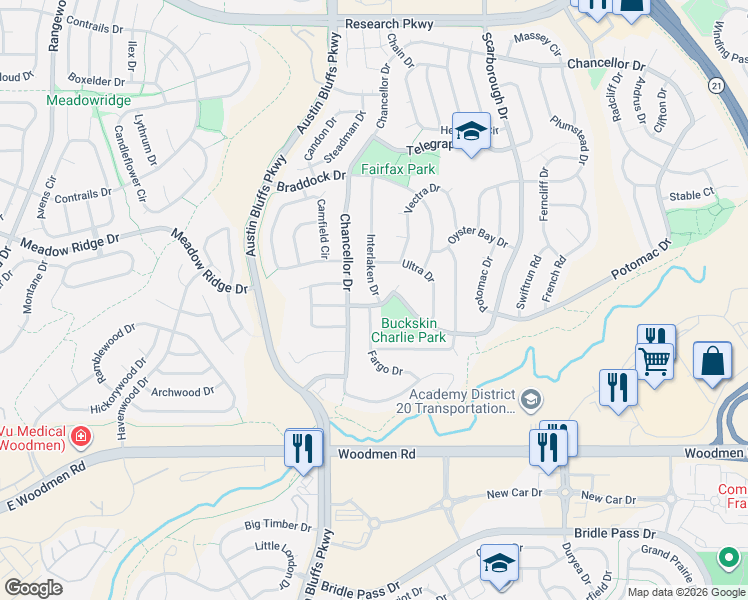 map of restaurants, bars, coffee shops, grocery stores, and more near 7775 Fargo Drive in Colorado Springs