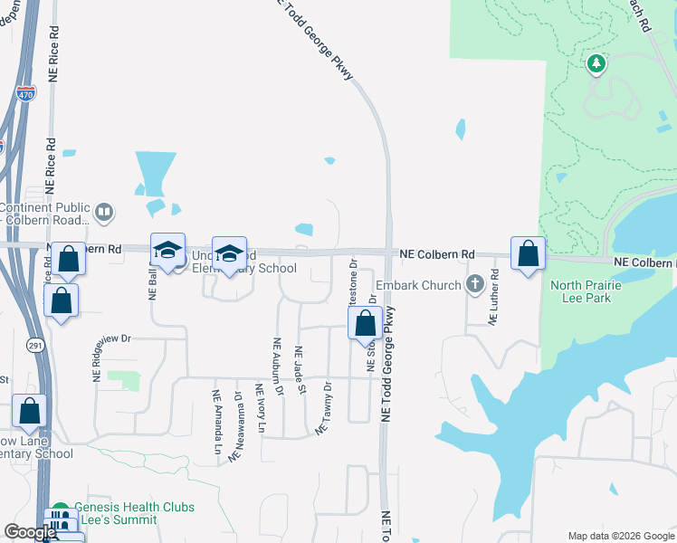 map of restaurants, bars, coffee shops, grocery stores, and more near 1720 Northeast Whitestone Drive in Lee's Summit