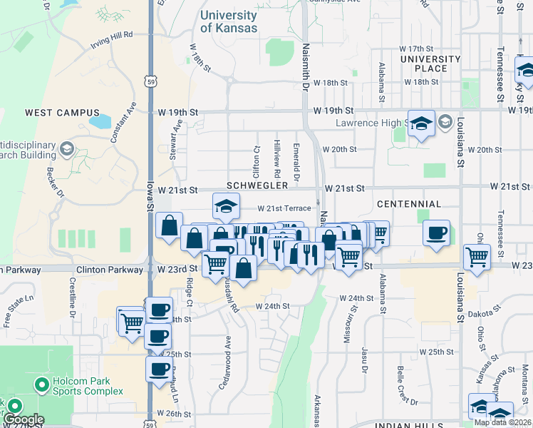 map of restaurants, bars, coffee shops, grocery stores, and more near 1511 West 22nd Street in Lawrence