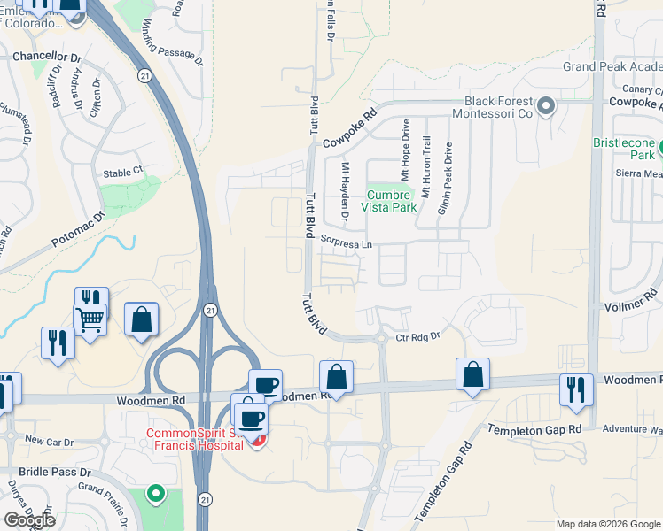 map of restaurants, bars, coffee shops, grocery stores, and more near 6115 Sorpresa Lane in Colorado Springs