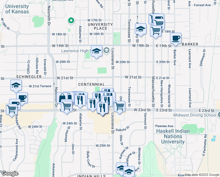 map of restaurants, bars, coffee shops, grocery stores, and more near 2145 Louisiana Street in Lawrence