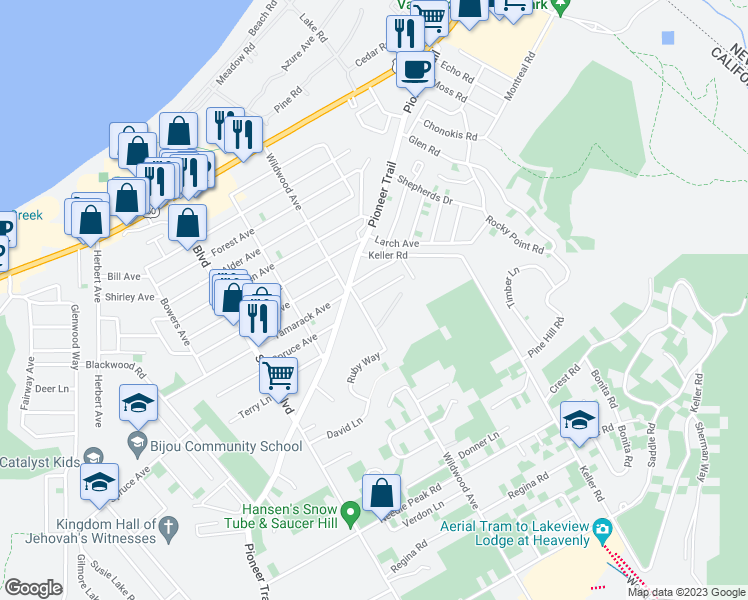 map of restaurants, bars, coffee shops, grocery stores, and more near 3780 Stewart Way in South Lake Tahoe