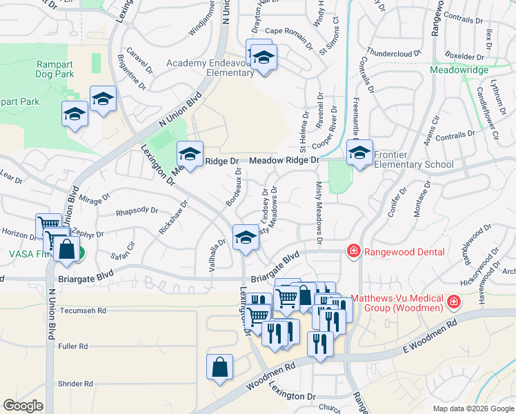 map of restaurants, bars, coffee shops, grocery stores, and more near 7875 Lindsey Drive in Colorado Springs