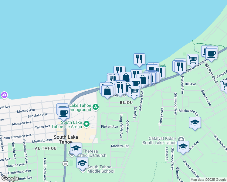 map of restaurants, bars, coffee shops, grocery stores, and more near 3339 Lake Tahoe Boulevard in South Lake Tahoe