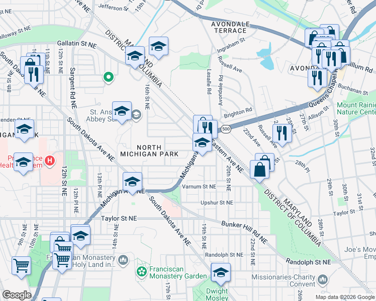 map of restaurants, bars, coffee shops, grocery stores, and more near Allison Street Northeast in Washington