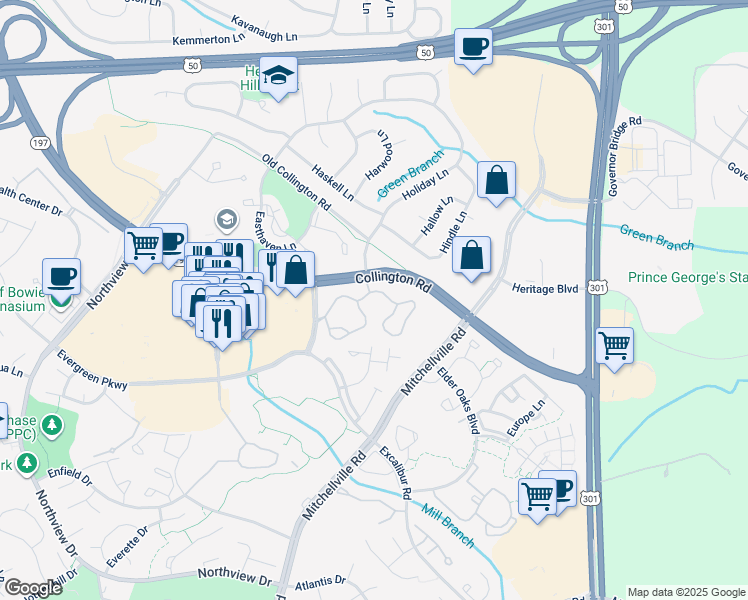 map of restaurants, bars, coffee shops, grocery stores, and more near 16021 English Oaks Avenue in Bowie