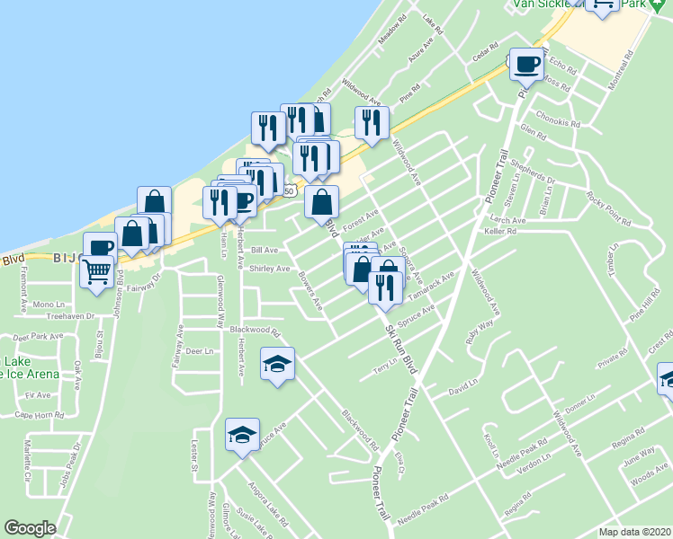 map of restaurants, bars, coffee shops, grocery stores, and more near 3631 Aspen Avenue in South Lake Tahoe