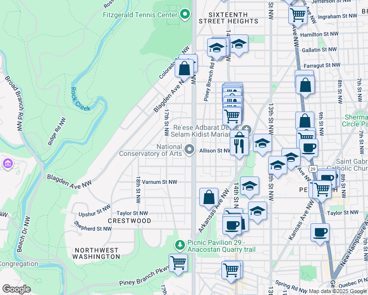 map of restaurants, bars, coffee shops, grocery stores, and more near 1603 Allison Street Northwest in Washington