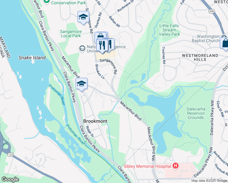 map of restaurants, bars, coffee shops, grocery stores, and more near 6400 Brookes Lane in Bethesda