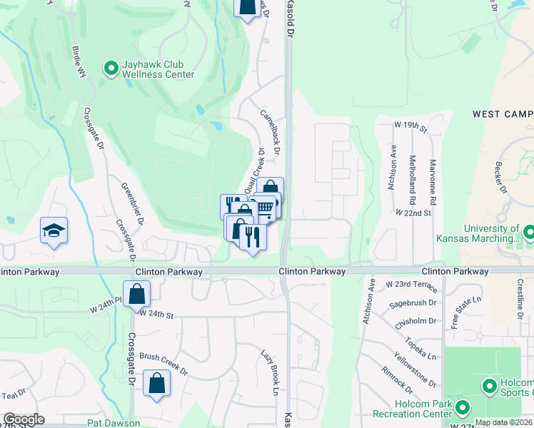 map of restaurants, bars, coffee shops, grocery stores, and more near 3520 West 22nd Street in Lawrence