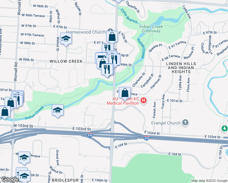 map of restaurants, bars, coffee shops, grocery stores, and more near Holmes Road & East 100 Terrace in Kansas City