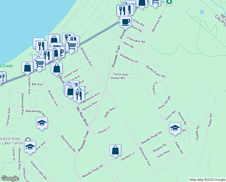 map of restaurants, bars, coffee shops, grocery stores, and more near 3788 Markoffer Way in South Lake Tahoe