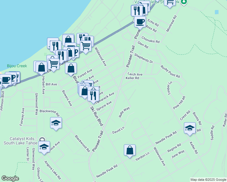 map of restaurants, bars, coffee shops, grocery stores, and more near 1136 Wildwood Avenue in South Lake Tahoe