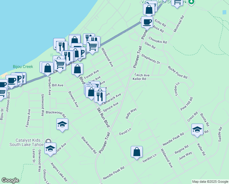 map of restaurants, bars, coffee shops, grocery stores, and more near 3720 Larch Avenue in South Lake Tahoe