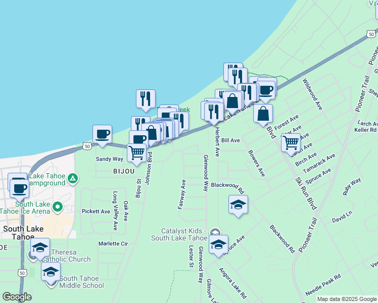 map of restaurants, bars, coffee shops, grocery stores, and more near 3530 Lake Tahoe Boulevard in South Lake Tahoe