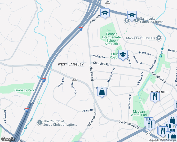 map of restaurants, bars, coffee shops, grocery stores, and more near 1110 Balls Hill Road in McLean