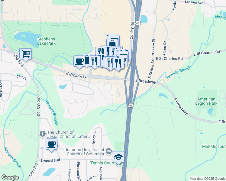 map of restaurants, bars, coffee shops, grocery stores, and more near 500 Columbia Drive in Columbia