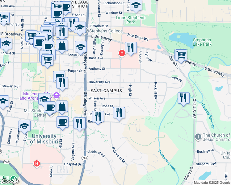 map of restaurants, bars, coffee shops, grocery stores, and more near 1508 University Avenue in Columbia