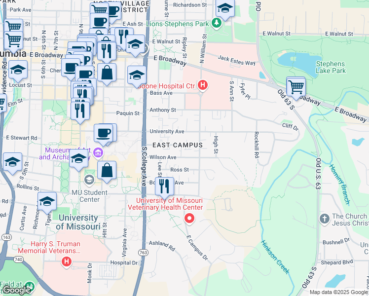 map of restaurants, bars, coffee shops, grocery stores, and more near 1410 University Avenue in Columbia