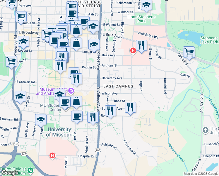 map of restaurants, bars, coffee shops, grocery stores, and more near 1316 University Avenue in Columbia