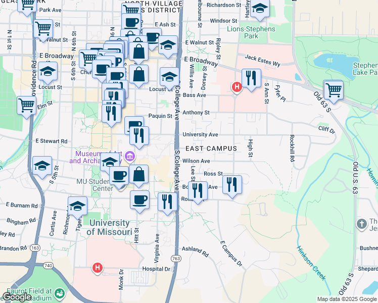 map of restaurants, bars, coffee shops, grocery stores, and more near 1316 University Avenue in Columbia