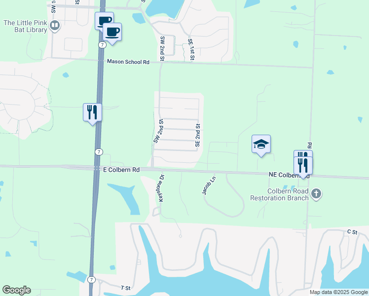 map of restaurants, bars, coffee shops, grocery stores, and more near 123 Southeast Rose Garden Lane in Lee's Summit