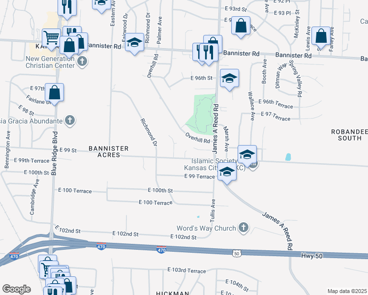 map of restaurants, bars, coffee shops, grocery stores, and more near 9822 Overhill Road in Kansas City