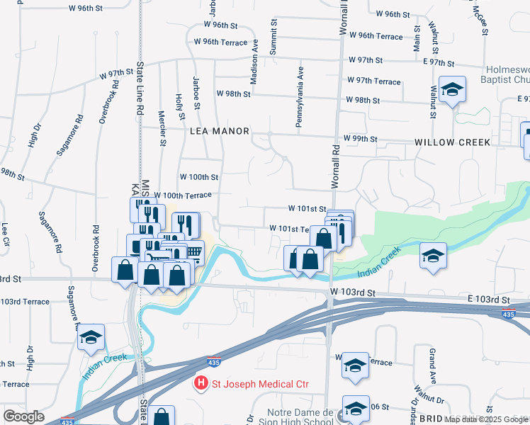 map of restaurants, bars, coffee shops, grocery stores, and more near 612 West 101st Street in Kansas City
