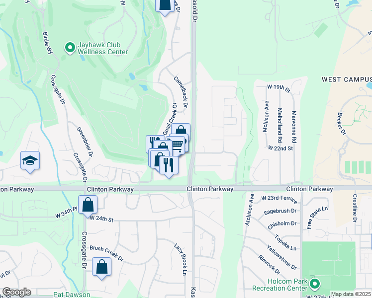 map of restaurants, bars, coffee shops, grocery stores, and more near 3408 Augusta Drive in Lawrence