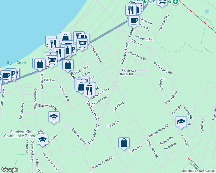 map of restaurants, bars, coffee shops, grocery stores, and more near 1136 Wildwood Avenue in South Lake Tahoe