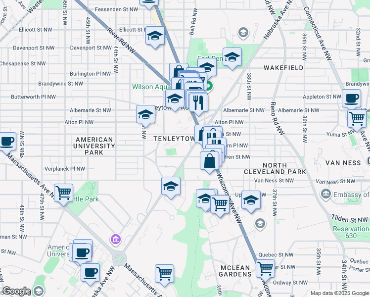 map of restaurants, bars, coffee shops, grocery stores, and more near 4300 Nebraska Avenue Northwest in Washington