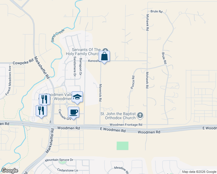 map of restaurants, bars, coffee shops, grocery stores, and more near 7855 Maverick Road in Colorado Springs