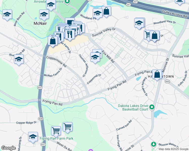 map of restaurants, bars, coffee shops, grocery stores, and more near 13242 Coppermill Drive in Herndon
