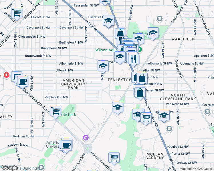 map of restaurants, bars, coffee shops, grocery stores, and more near 4205 Warren Street Northwest in Washington