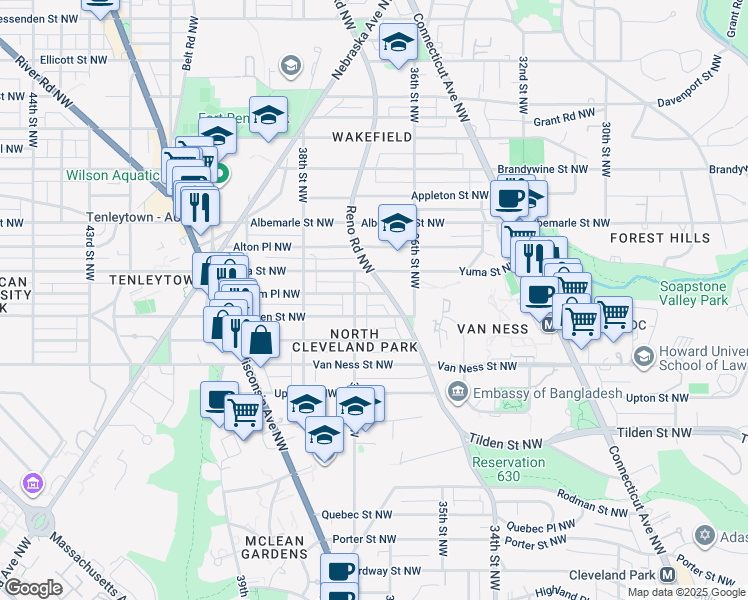 map of restaurants, bars, coffee shops, grocery stores, and more near 3630 Windom Place Northwest in Washington
