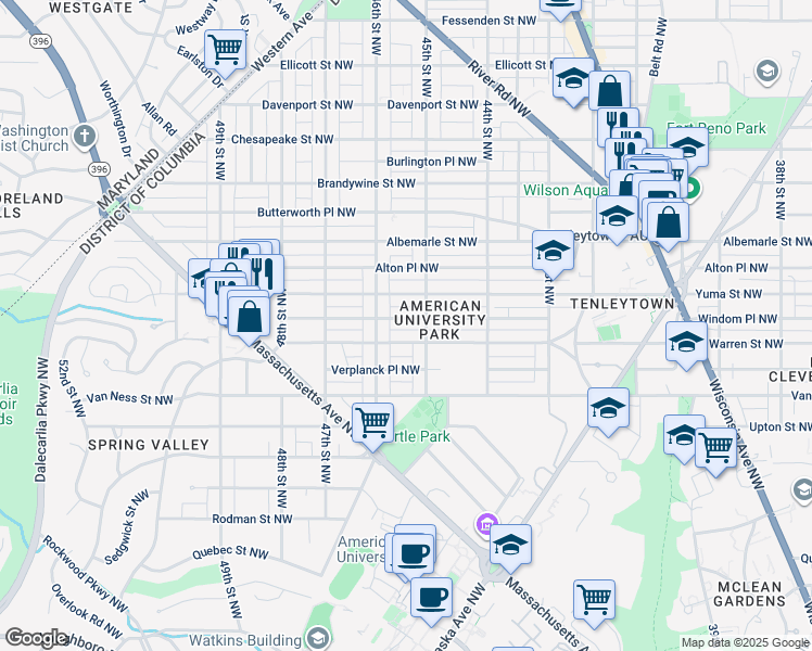 map of restaurants, bars, coffee shops, grocery stores, and more near 4516 Windom Place Northwest in Washington